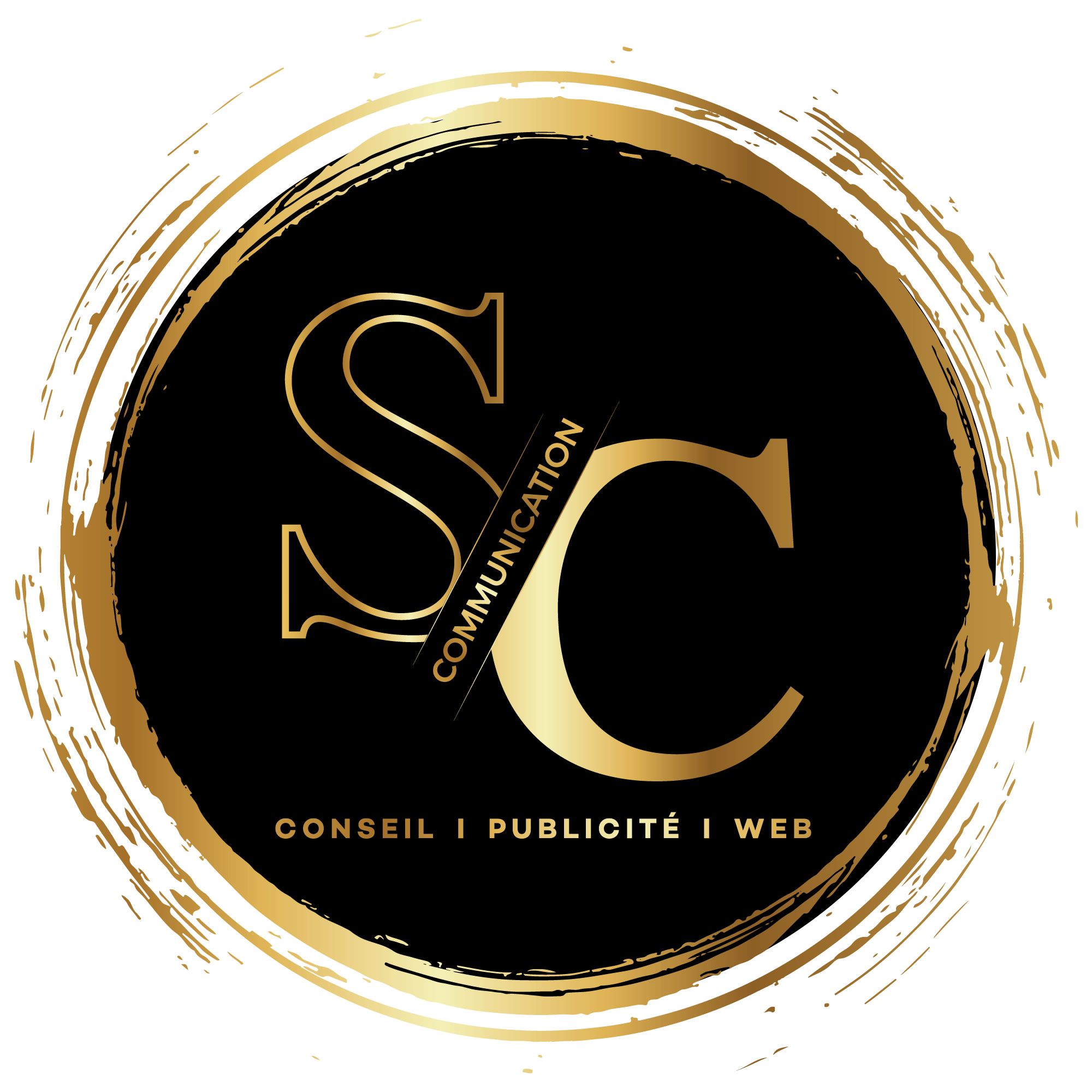 Logo SC Communication rond en doré.